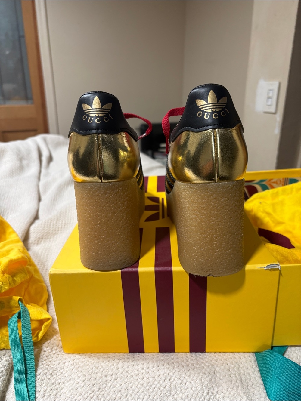 Gucci Metallic Gold Platform Sneakers with Red Laces - Picture 4 of 5